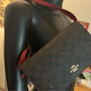 COACH NWT Anna Brown Signature Crossbody with Red Strap